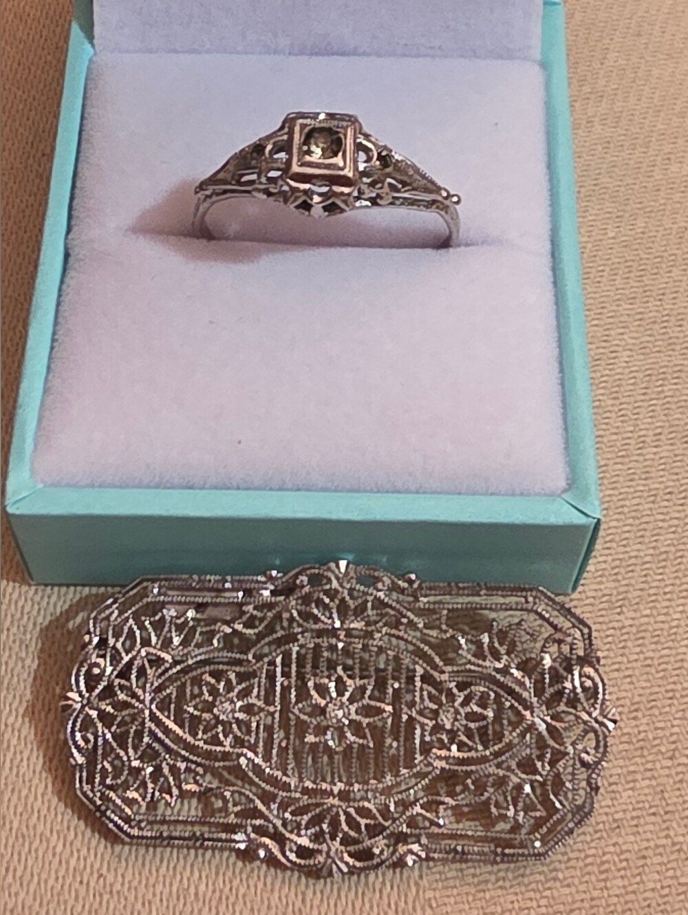 VICTORIAN STYLE STERLING 925 BROOCH AND RING SIZE 10.5